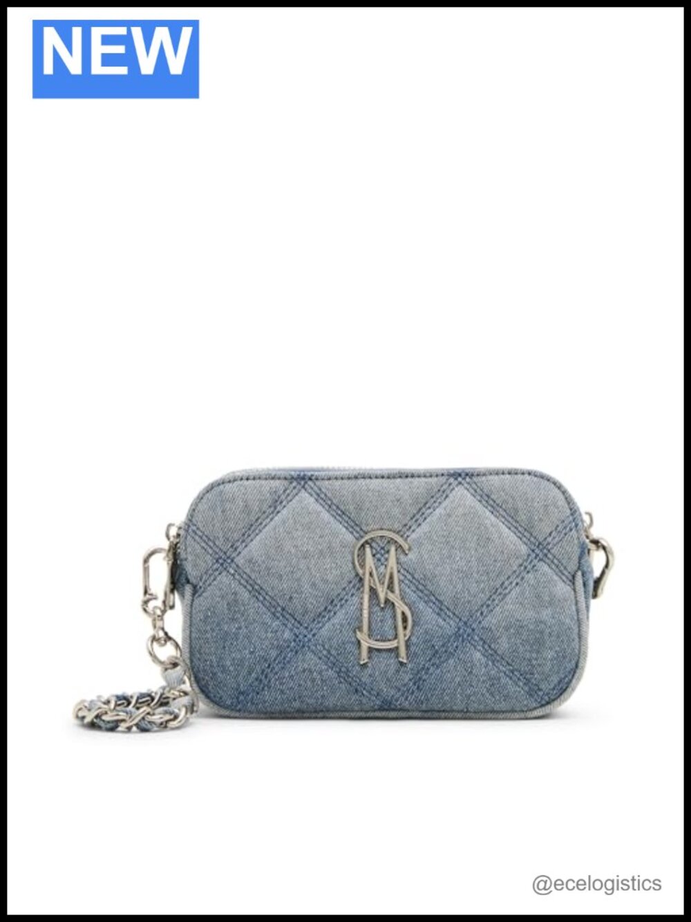 Quilted Denim Crossbody Bag with Zipper Compartments, Removable Strap